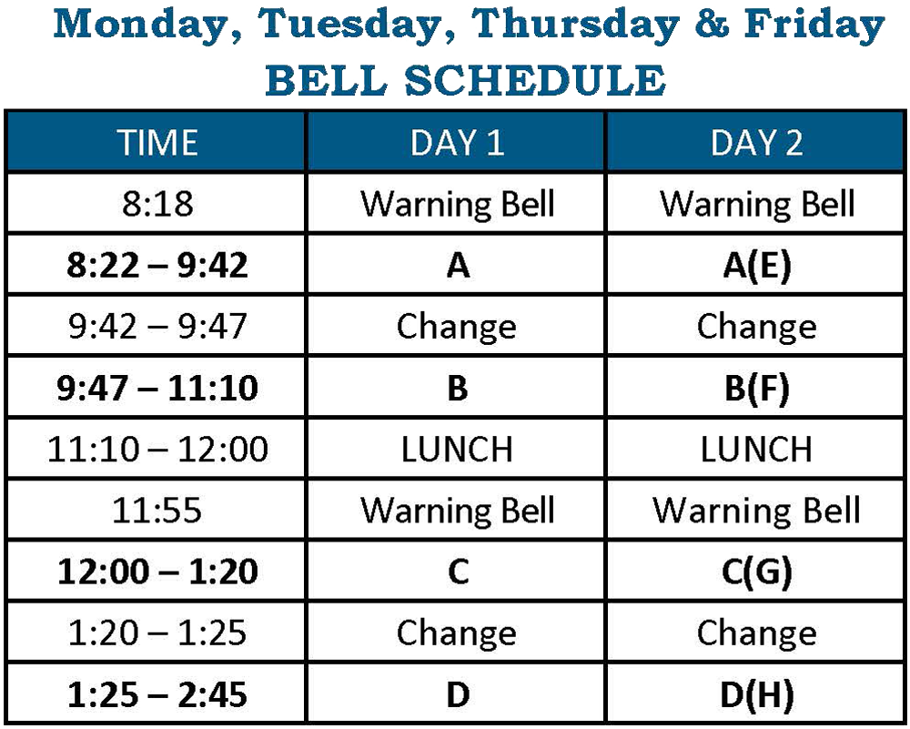 Monday, Tuesday, Thursday, Friday Schedule